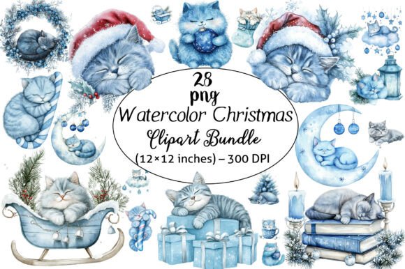 Download Watercolor Christmas Cats Clipart Bundle - Christmas cats Collection