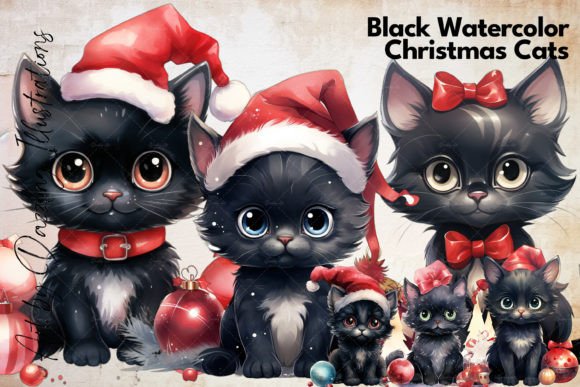 Download Christmas Cats: Black Watercolor Cats - Christmas cats Collection
