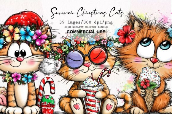 Download Whimsical Summer Christmas Cats Clipart - Christmas cats Collection