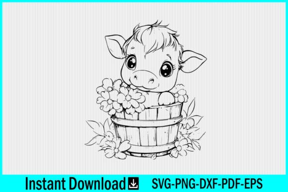 Download Cute Baby Cow with Flower Bucket Vector - Premium Resources