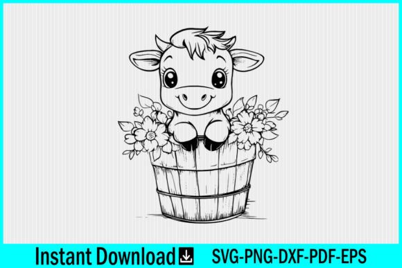 Download Cute Baby Cow with Flower Bucket Vector - Premium Resources